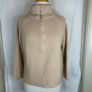 BTFBM Women's Medium‎ Beige Ribbed Knit Half Zip High Neck Pullover Sweater